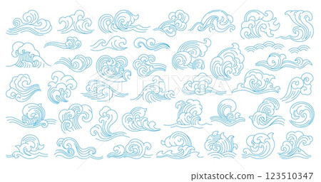 Sea japanese and chinese asian waves, ocean blue water surf vector line icons. Vintage oriental blue waves with asian geometric pattern of water splashes and ripples texture, storm or tsunami symbols 123510347