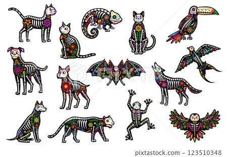 Mexican animal Day of the Dead tattoo, Dia de los Muertos skeletons with sugar skull calavera pattern. Vector mexican Day of the Dead cat and dog animals, owl, bat, toucan, chameleon, frog and bird 123510348