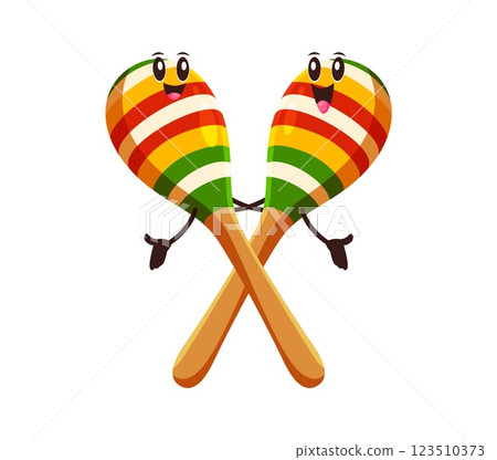 Cartoon funny maracas musical instrument characters. Isolated vector traditional Mexican music personages holding hands and dancing during fiesta holiday or Cinco de Mayo Latin party celebration 123510373