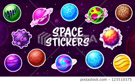 Alien space planets stickers pack. Cartoon vector patches of vibrant fantasy galaxy planets against a starry purple sky background. Colorful cosmic world spheres, celestial bodies with rings, craters 123510375