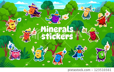 Halloween mage and witch micronutrient vitamin characters stickers pack. Cartoon vector sorcerer food supplement capsules dressed as wizards with brooms and wands casting spells in whimsical forest 123510381
