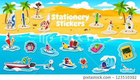 Cartoon school stationery characters on summer beach, vector stickers pack. Funny stationery characters at sea vacations, pen with surfboard or microscope play volleyball and sharpener on jet ski 123510382
