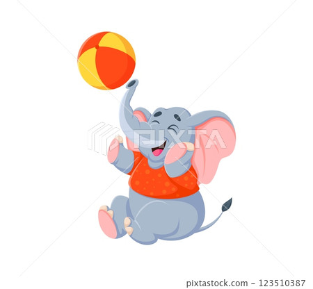 Cartoon funny elephant character sitting and joyfully playing with a colorful beach ball. Isolated vector cheerful elephant animal wearing bright red shirt with polka dots, showcasing a playful vibes 123510387
