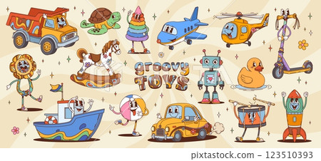 Retro cartoon groovy kid toy characters. Dump truck, turtle, rocking horse, airplane, scooter, robot and drum, rocket and helicopter. Rings pyramid, rattle, rubber duck and boat, ball and car Retro cartoon groovy kid toy characters. Dump truck, turtle, rocking horse, airplane, scooter, robot and drum, rocket and helicopter. Rings pyramid, rattle, rubber duck and boat, ball and car 123510393