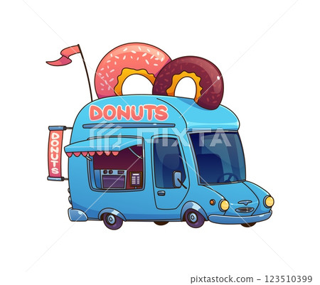 Cartoon street food donut truck, vintage festival foodtruck. Isolated vector blue van with a serving window and bakery equipment offering sweet treats, and desserts. Mobile vending and pastry service 123510399