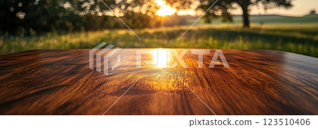 Wooden Table Surface with Sunset Blurry Cityscape and Nature Background, Warm Tones, and Soft Focus Lights Creating a Cozy Atmosphere for Relaxation Wooden Table Surface with Sunset Blurry Cityscape and Nature Background, Warm Tones, and Soft Focus Lights Creating a Cozy Atmosphere for Relaxation 123510406
