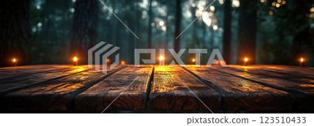 Wooden Table Surface with Sunset Blurry Cityscape and Nature Background, Warm Tones, and Soft Focus Lights Creating a Cozy Atmosphere for Relaxation 123510433