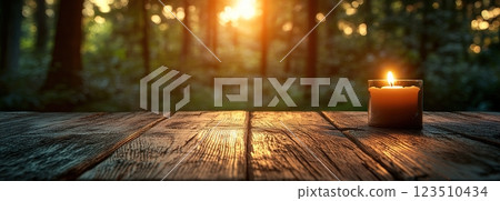 Wooden Table Surface with Sunset Blurry Cityscape and Nature Background, Warm Tones, and Soft Focus Lights Creating a Cozy Atmosphere for Relaxation Wooden Table Surface with Sunset Blurry Cityscape and Nature Background, Warm Tones, and Soft Focus Lights Creating a Cozy Atmosphere for Relaxation 123510434