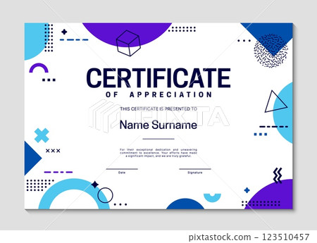 Graduation certificate of appreciation template with geometric shapes. Competition winning greeting document, personal achievement award certificate template with Bauhaus vector geometric forms 123510457