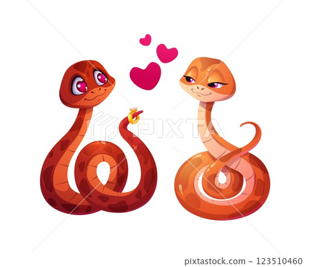 Valentine day two snakes in love. Romantic cartoon reptiles proposal. Cute male snake with heart shaped eyes holds gold ring on his tail, proposing to blushing female serpent with floating pink hearts 123510460