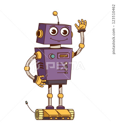 Vintage robot and droid groovy funny character. Artificial intelligence droid cartoon cute character, AI virtual assistant android isolated vector personage. Alien cyborg purple mascot waving hand 123510462