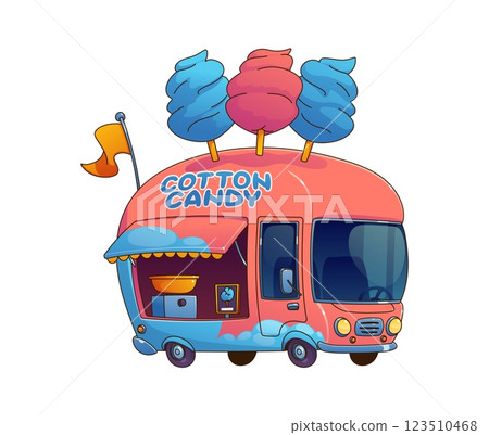 Cartoon candy cotton street food truck, vintage festival foodtruck van. Vector mobile vending retro vehicle features serving window and equipment, cooking sweet treat for outdoor funfair entertainment 123510468