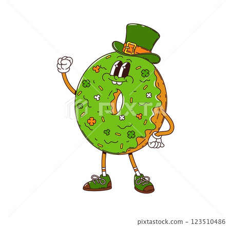 Cartoon groovy donut character, saint Patrick day holiday food personage. Isolated vector doughnut pastry with green glaze, top hat and clover sprinkles with retro hippie vintage nostalgic 70s vibes 123510486