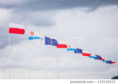 Poland, European Union and Gdynia city flag 123510523