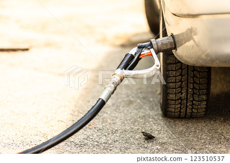 car at gas station being filled with fuel car at gas station being filled with fuel 123510537