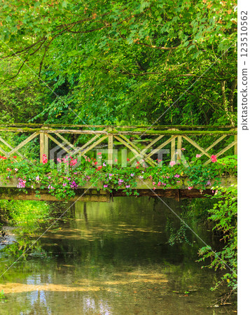 Old small bridge over river in green garden. 123510562