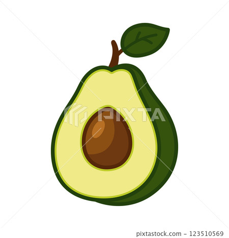 Fresh avocado half with a seed and green leaf. 123510569