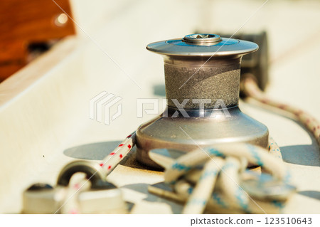 Yacht capstan on sailing boat during cruise 123510643