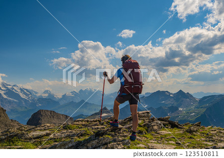Sporty woman hiking in Switzerland alps. Heathy lifestyle, sport, beauty in nature. Grindelwald valley, Swizz 123510811
