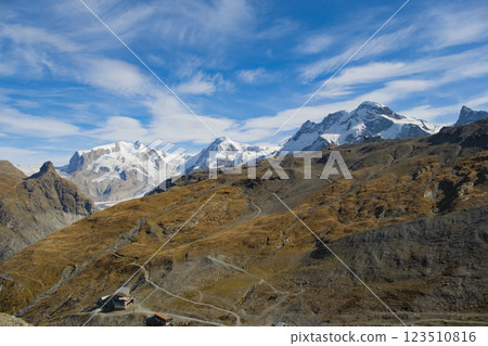 Idyllic summer panorama landscape in the Swiss Alps with fresh green meadows and snowcapped mountain tops in the background. Switzerland near Matterhorn Zermatt 123510816