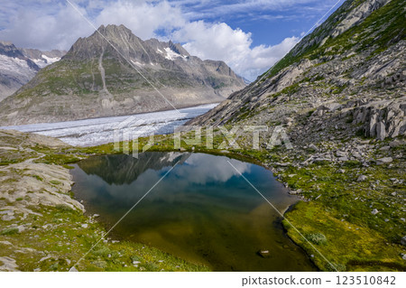 Aerial drone view of Great Aletsch Glacier and Lake In Switzerland Alps in sunny summer day. Popular tourist destination Aerial drone view of Great Aletsch Glacier and Lake In Switzerland Alps in sunny summer day. Popular tourist destination 123510842