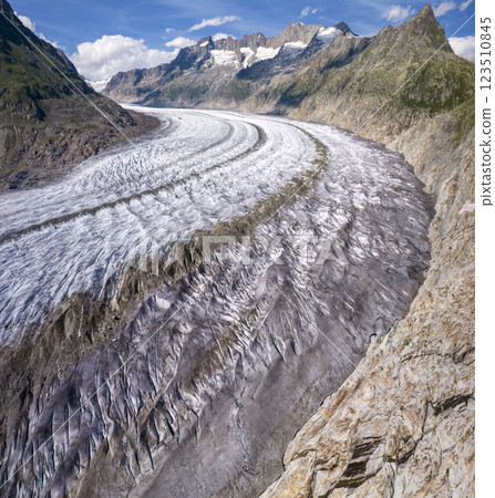 Aerial drone view of Great Aletsch Glacier Alps Switzerland in sunny summer day. Popular tourist destination Aerial drone view of Great Aletsch Glacier Alps Switzerland in sunny summer day. Popular tourist destination 123510845