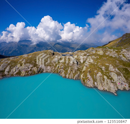 Aerial view of Mountain lake Wildsee on Pizol 5 lakes hike in Switzerland 123510847