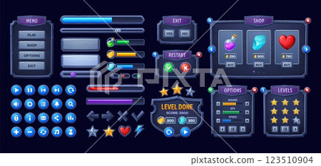 Stone game interface, Medieval UI game buttons and assets, vector GUI elements. Arcade game menu and interface elements with stone buttons and assets of scores, energy or life and power levels 123510904