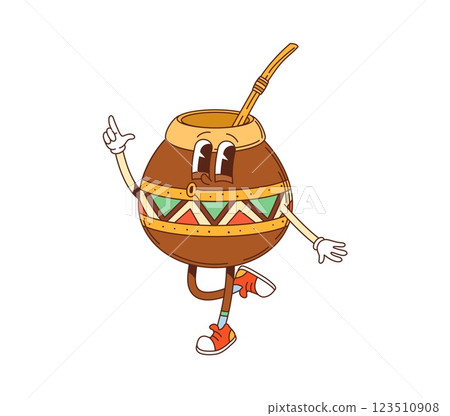 Mate tea calabash groovy cute character. South America vintage groovy cute mascot, herbal drink 60s 70s funky vector funny personage 123510908