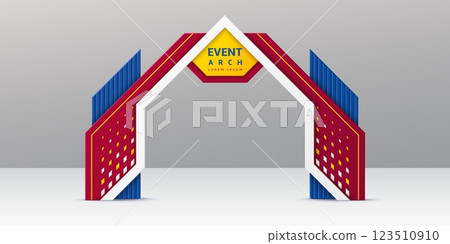 Exhibition event arch. Realistic 3d vector stylish structure for trade show and corporate event. Entrance or entry, modern arc gate frame render mockup with red, yellow and blue architectural elements 123510910
