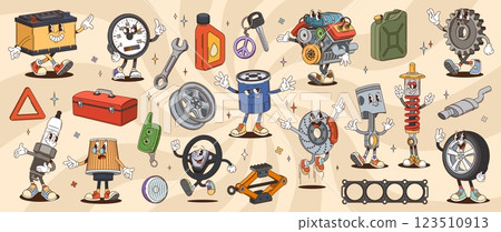 Cartoon groovy car spare part characters. Psychedelic hippie auto repair tools and spare parts vector personages. Retro groovy car engine, piston, oil and battery, wheel, tire, spark plug and gear 123510913
