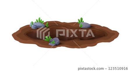 Hole in ground or cartoon pit burrow in deep dirty soil, vector icon. Underground manhole or deep dig burrow in ground with stone pebbles and grass plants for hollow pit hole in isometric view 123510916