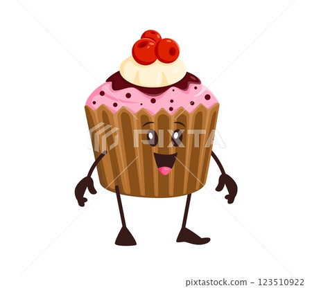 Cartoon funny cupcake muffin or fast food dessert character, vector personage. Cute muffin cupcake with happy face and funky smile or laugh for fast food sweet dessert character and kids cake emoji Cartoon funny cupcake muffin or fast food dessert character, vector personage. Cute muffin cupcake with happy face and funky smile or laugh for fast food sweet dessert character and kids cake emoji 123510922