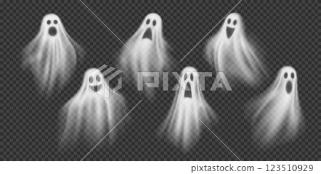 Realistic Halloween ghosts scary flying phantoms. 3d vector set of transparent white ghoul or spirit silhouettes with spooky faces. Horror holiday floating phantoms or nightmare shadows, foggy figures 123510929