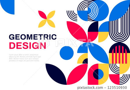 Business poster with abstract geometric pattern of vector modern graphic shapes. Minimal art line circles, color leaves, eye and flowers collage. Abstract modern geometric pattern poster template 123510930