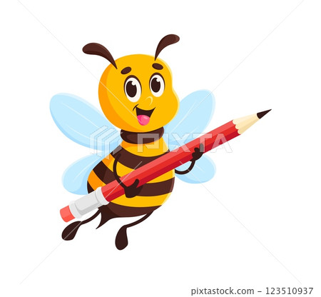 Cartoon honey bee character or cute honeybee with pencil, vector animal mascot for kids. Funny bee or bumblebee with happy face and carrying pencil for kids kindergarten or preschool insect mascot Cartoon honey bee character or cute honeybee with pencil, vector animal mascot for kids. Funny bee or bumblebee with happy face and carrying pencil for kids kindergarten or preschool insect mascot 123510937