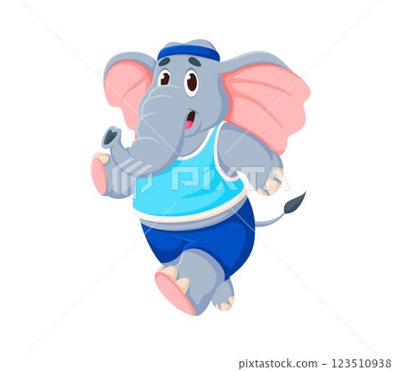 Cartoon funny elephant character dressed in sporty attire, including a blue tank top, shorts and headband, jogging enthusiastically, captures healthy lifestyle, sports, energetic and fun fitness vibe 123510938