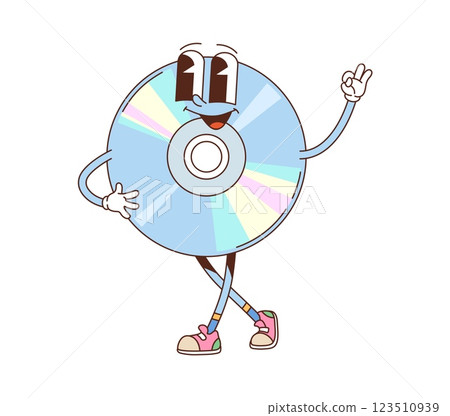 Cartoon groovy CD compact disk character from computer PC or music player, vector personage. Groovy CD with happy smile on face and Ok gesture for computer compact disc or CD music character 123510939