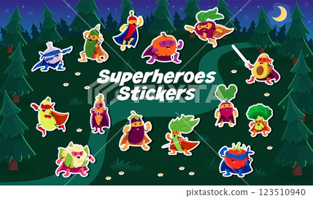 Cartoon superhero vegetable characters stickers pack, vector comic personages. Funny cucumber and tomato superhero with pumpkin superman and spinach defender with zucchini guardian in power mantle Cartoon superhero vegetable characters stickers pack, vector comic personages. Funny cucumber and tomato superhero with pumpkin superman and spinach defender with zucchini guardian in power mantle 123510940