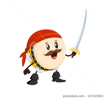 Cartoon tambourine musical instrument pirate character. Pirate sailor percussion musical instrument cute character. Corsair skipper tambourine vector funny personage or music festival captain mascot Cartoon tambourine musical instrument pirate character. Pirate sailor percussion musical instrument cute character. Corsair skipper tambourine vector funny personage or music festival captain mascot 123510942