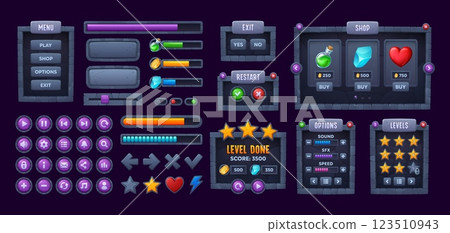 Stone game interface buttons, menu panels and bars, vector cartoon Medieval GUI elements and assets. Arcade game menu buttons and interface controls of stone rocks with scores, energy and power levels 123510943