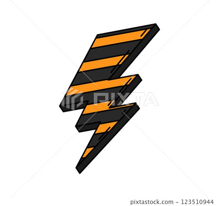 Cartoon groovy lightning Halloween symbol. Isolated vector retro hippie flash with black and orange striped patterns, electric zigzag bolt shape, embodying the free spirited energy of the 60s and 70s 123510944