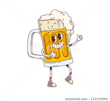 Cartoon groovy beer drink and beverage character. Bar alcohol drink mug cartoon vector mascot, pub beer tankard or Oktoberfest ale glass funky character, brewery alcohol drink mug groovy personage 123510948