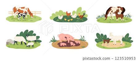 Cows, sheep, goats, and pigs interact in a colorful farm setting, with young animals frolicking and various birds pecking on the ground, creating a lively atmosphere in nature 123510953