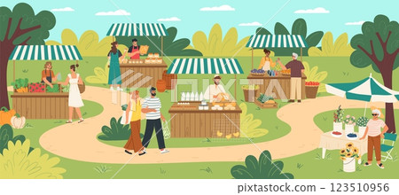 Stalls filled with fresh fruits, vegetables, and baked goods create a lively atmosphere. People browse and interact in a sunny, green environment, enjoying the outdoor market Stalls filled with fresh fruits, vegetables, and baked goods create a lively atmosphere. People browse and interact in a sunny, green environment, enjoying the outdoor market 123510956