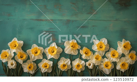 Yellow Daffodils on Weathered Green Background 123510972