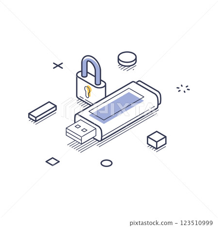 Data protection represented through isometric line art icon featuring a USB drive and padlock 123510999