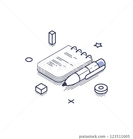 Isometric line art icon depicting tools for content creation and design activities Isometric line art icon depicting tools for content creation and design activities 123511005
