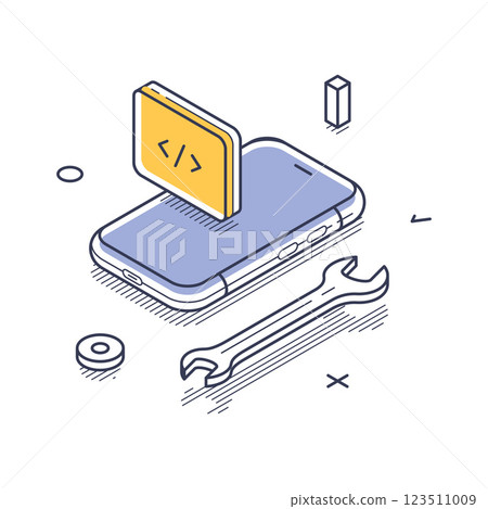 Isometric line art icon representing web development tools and mobile technologies in action Isometric line art icon representing web development tools and mobile technologies in action 123511009