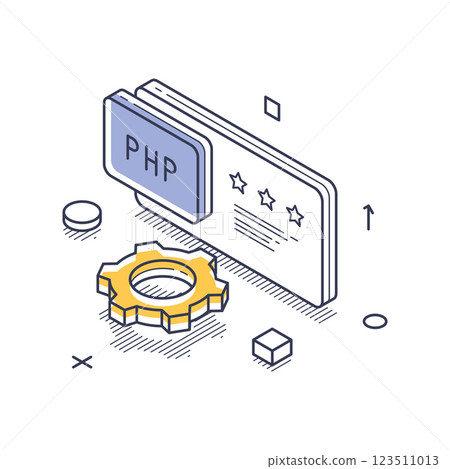 Icon design featuring isometric line art for web development elements with PHP and gear 123511013